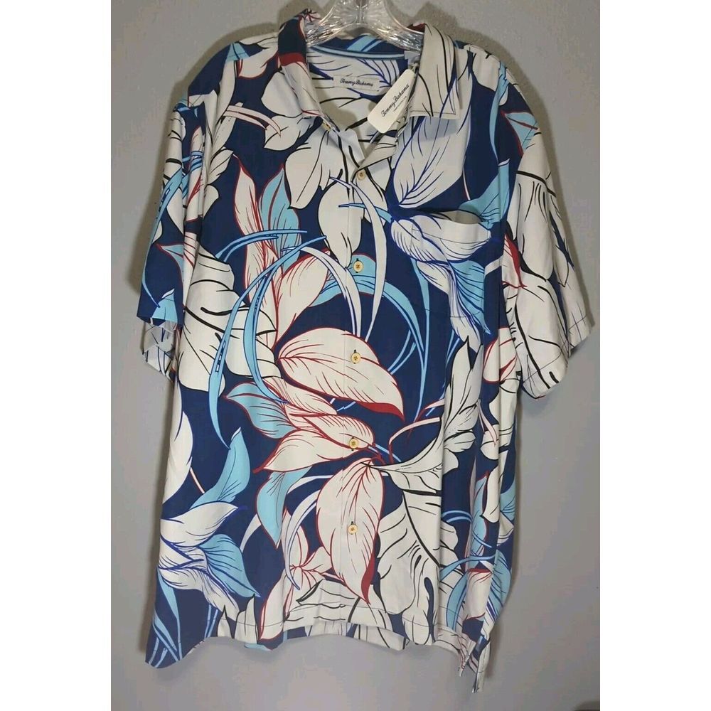 Tommy Bahama Hawaiian Cool Max Blue White Red Short Sleeve Button Up XXL NWT 602